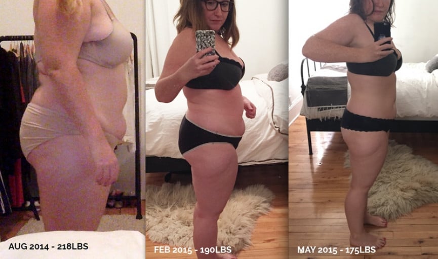 A photo of a 5'4" woman showing a fat loss from 218 pounds to 175 pounds. A respectable loss of 43 pounds.