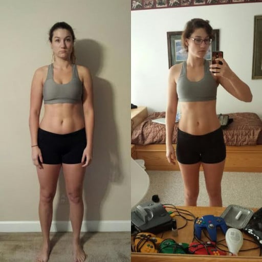 A photo of a 6'0" woman showing a weight cut from 175 pounds to 160 pounds. A total loss of 15 pounds.