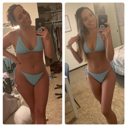 A progress pic of a 5'4" woman showing a fat loss from 148 pounds to 117 pounds. A net loss of 31 pounds.