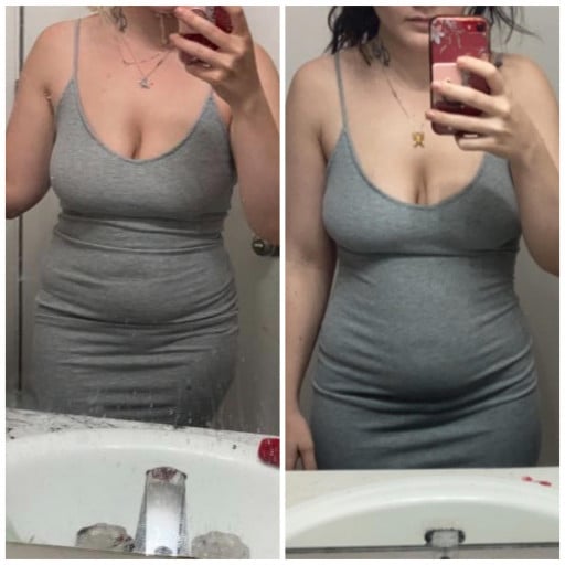 A progress pic of a 5'0" woman showing a fat loss from 137 pounds to 127 pounds. A net loss of 10 pounds.