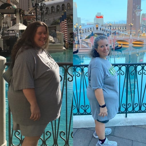 A picture of a 4'11" female showing a weight loss from 283 pounds to 208 pounds. A net loss of 75 pounds.