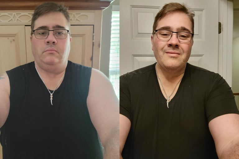A progress pic of a 6'1" man showing a fat loss from 363 pounds to 319 pounds. A net loss of 44 pounds.