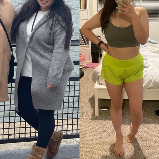 Before and After 69 lbs Fat Loss 5 feet 1 Female 196 lbs to 127 lbs