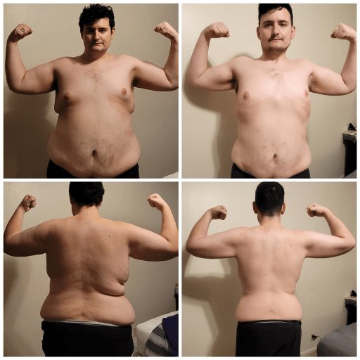 A progress pic of a 5'11" man showing a fat loss from 360 pounds to 240 pounds. A total loss of 120 pounds.
