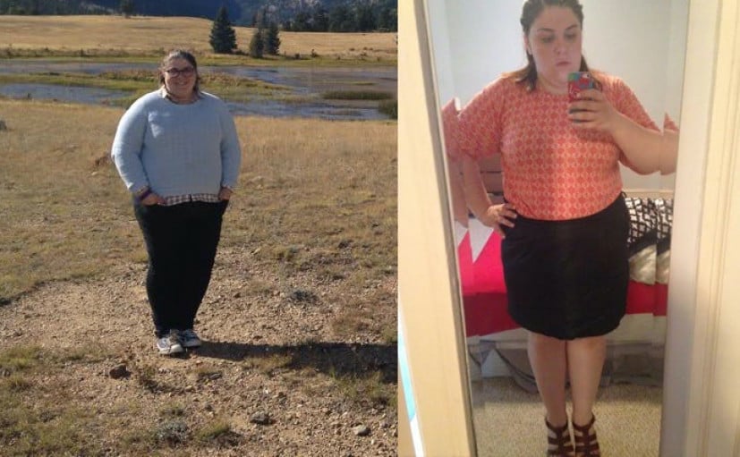 A progress pic of a 5'4" woman showing a fat loss from 292 pounds to 252 pounds. A net loss of 40 pounds.