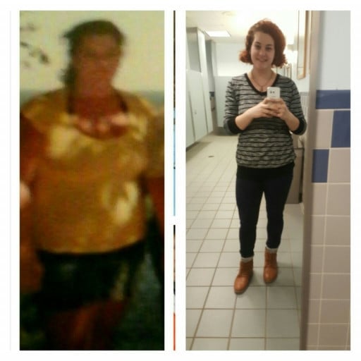 A before and after photo of a 5'5" female showing a weight reduction from 235 pounds to 180 pounds. A respectable loss of 55 pounds.
