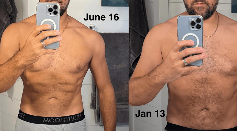 A progress pic of a 5'9" man showing a fat loss from 198 pounds to 173 pounds. A net loss of 25 pounds.