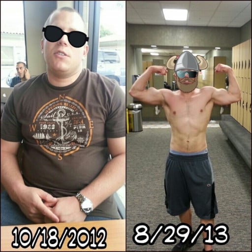 A progress pic of a 5'8" man showing a fat loss from 230 pounds to 180 pounds. A net loss of 50 pounds.