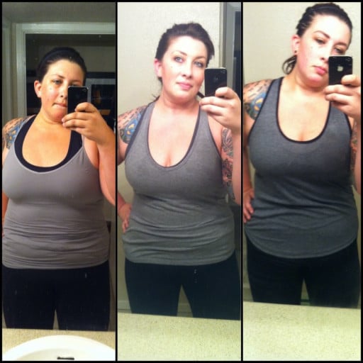 A before and after photo of a 5'10" female showing a weight reduction from 293 pounds to 242 pounds. A total loss of 51 pounds.