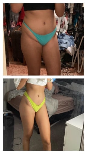 A before and after photo of a 5'6" female showing a muscle gain from 115 pounds to 130 pounds. A net gain of 15 pounds.