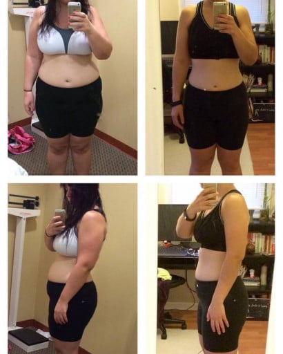 A progress pic of a 5'4" woman showing a fat loss from 200 pounds to 150 pounds. A total loss of 50 pounds.