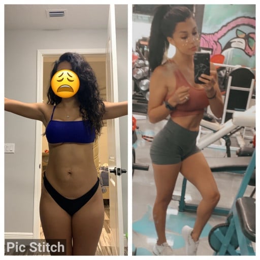 A progress pic of a 5'2" woman showing a muscle gain from 122 pounds to 126 pounds. A net gain of 4 pounds.