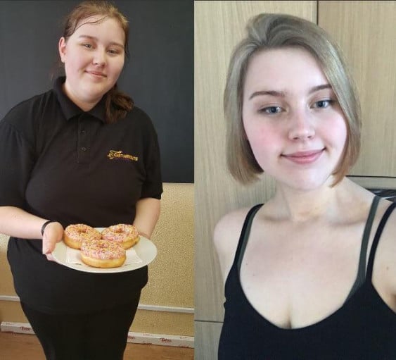 A picture of a 5'10" female showing a weight loss from 240 pounds to 165 pounds. A respectable loss of 75 pounds.