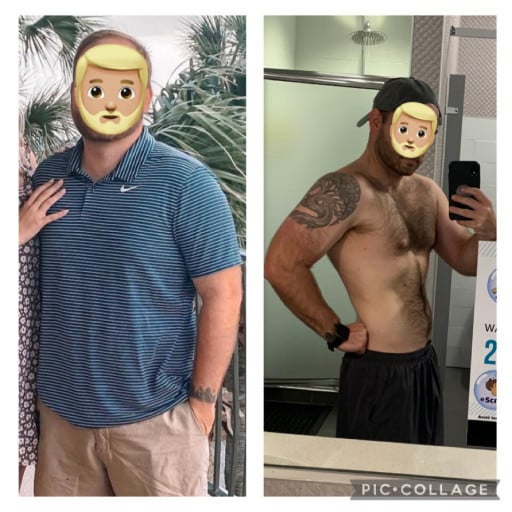 A before and after photo of a 5'6" male showing a weight reduction from 198 pounds to 168 pounds. A respectable loss of 30 pounds.