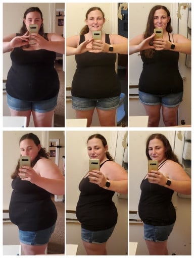 A picture of a 5'4" female showing a weight loss from 265 pounds to 199 pounds. A respectable loss of 66 pounds.