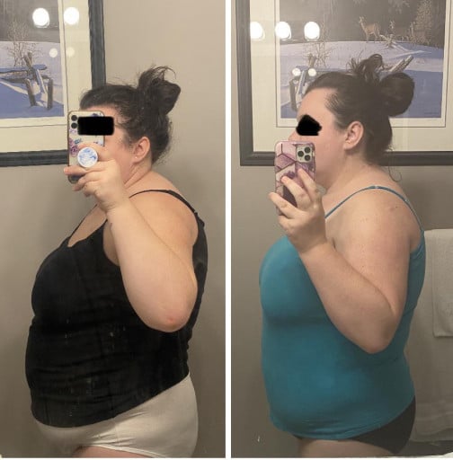 A photo of a 5'3" woman showing a weight cut from 269 pounds to 239 pounds. A net loss of 30 pounds.