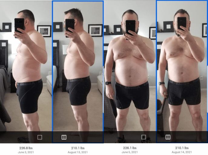A progress pic of a 5'7" man showing a fat loss from 227 pounds to 210 pounds. A net loss of 17 pounds.