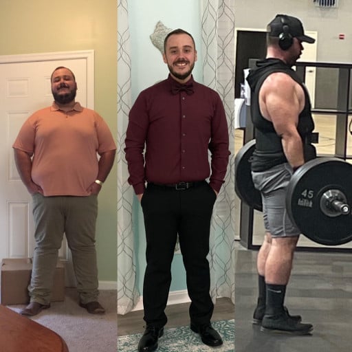 A before and after photo of a 5'9" male showing a weight reduction from 420 pounds to 176 pounds. A total loss of 244 pounds.