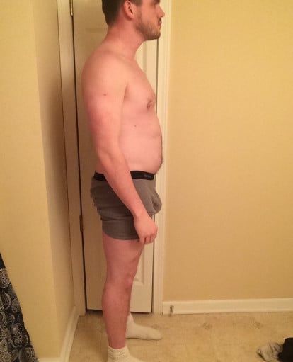 A before and after photo of a 5'11" male showing a snapshot of 210 pounds at a height of 5'11