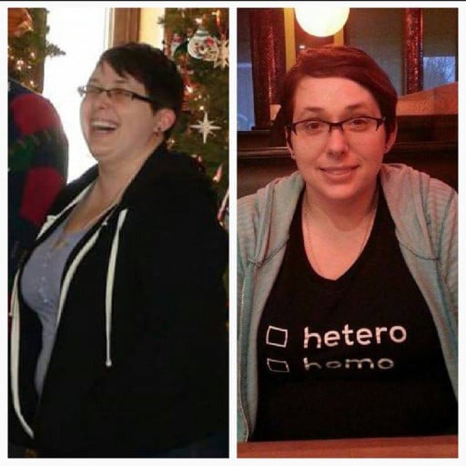 A progress pic of a 5'4" woman showing a fat loss from 225 pounds to 194 pounds. A total loss of 31 pounds.