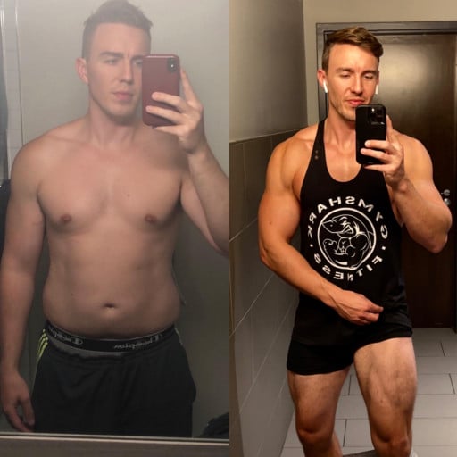 A before and after photo of a 6'0" male showing a weight reduction from 220 pounds to 190 pounds. A net loss of 30 pounds.