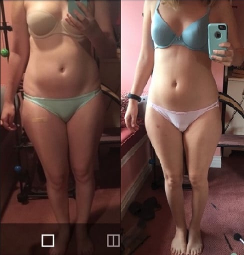 A progress pic of a 5'5" woman showing a weight cut from 147 pounds to 138 pounds. A total loss of 9 pounds.