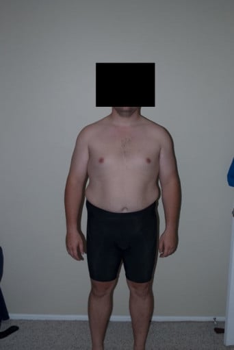 A before and after photo of a 5'10" male showing a snapshot of 244 pounds at a height of 5'10