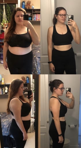 A picture of a 5'5" female showing a weight loss from 216 pounds to 150 pounds. A net loss of 66 pounds.