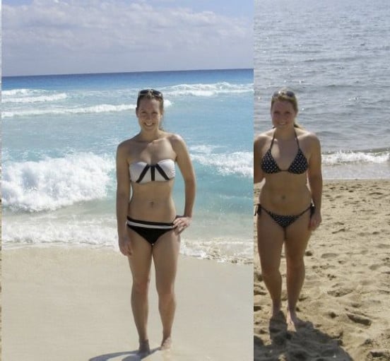 A progress pic of a 5'4" woman showing a fat loss from 150 pounds to 130 pounds. A respectable loss of 20 pounds.