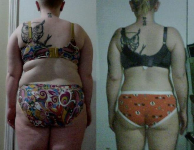 A picture of a 4'11" female showing a weight loss from 180 pounds to 127 pounds. A net loss of 53 pounds.