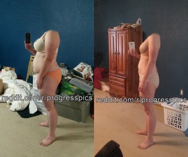 A progress pic of a 5'2" woman showing a weight reduction from 182 pounds to 131 pounds. A respectable loss of 51 pounds.