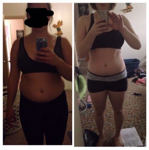 A before and after photo of a 5'3" female showing a weight reduction from 176 pounds to 159 pounds. A respectable loss of 17 pounds.