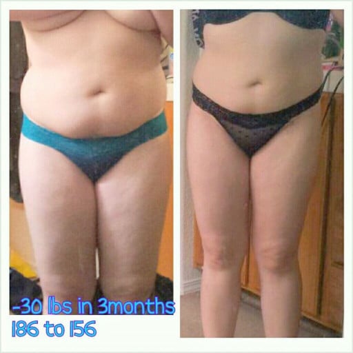 A progress pic of a 5'3" woman showing a fat loss from 186 pounds to 156 pounds. A total loss of 30 pounds.