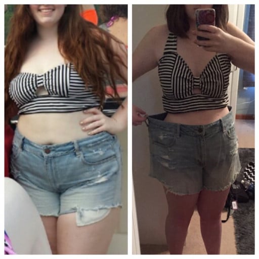 A progress pic of a 5'5" woman showing a fat loss from 218 pounds to 167 pounds. A respectable loss of 51 pounds.