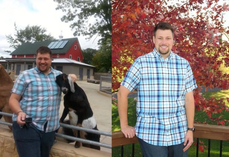 A progress pic of a 6'5" man showing a fat loss from 387 pounds to 295 pounds. A net loss of 92 pounds.