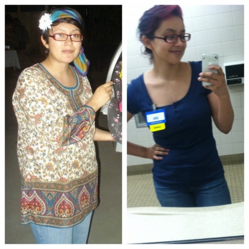 A picture of a 5'5" female showing a weight loss from 162 pounds to 142 pounds. A total loss of 20 pounds.
