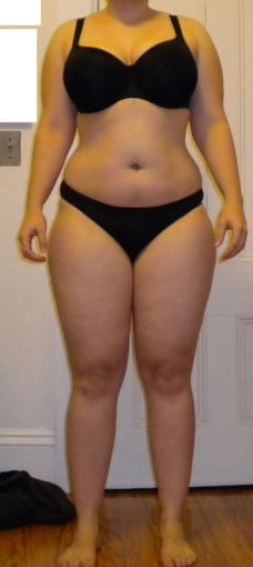 A before and after photo of a 5'3" female showing a snapshot of 172 pounds at a height of 5'3