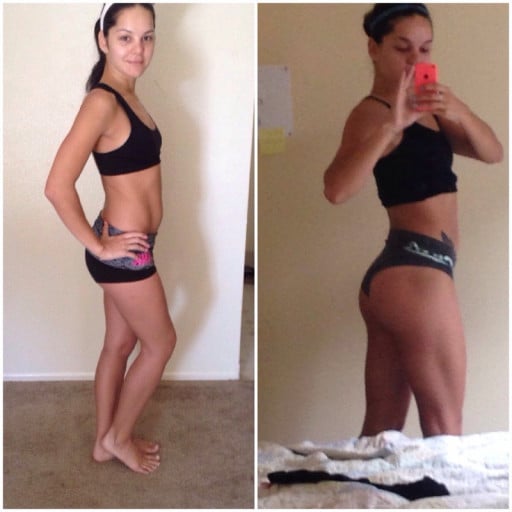 A photo of a 5'7" woman showing a weight cut from 150 pounds to 138 pounds. A respectable loss of 12 pounds.