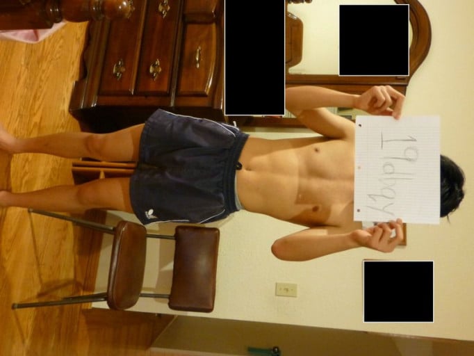 A before and after photo of a 5'5" male showing a snapshot of 114 pounds at a height of 5'5