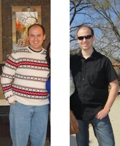 A before and after photo of a 5'9" male showing a weight reduction from 225 pounds to 175 pounds. A net loss of 50 pounds.