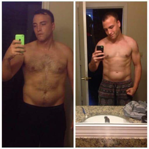 A progress pic of a 5'10" man showing a fat loss from 198 pounds to 169 pounds. A total loss of 29 pounds.
