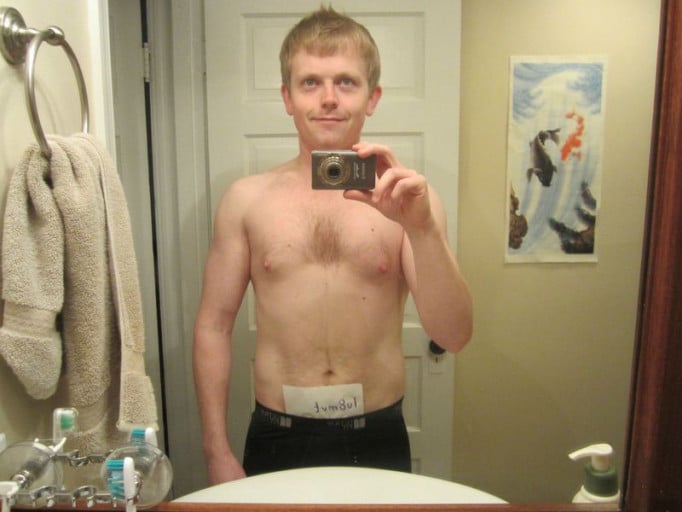 A photo of a 5'7" man showing a weight reduction from 158 pounds to 142 pounds. A respectable loss of 16 pounds.