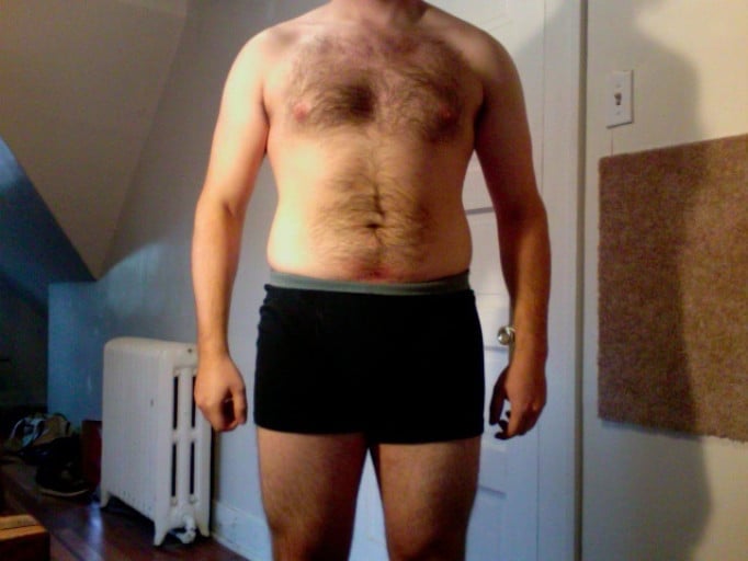 A before and after photo of a 5'8" male showing a snapshot of 178 pounds at a height of 5'8