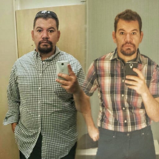 A progress pic of a 6'1" man showing a weight reduction from 245 pounds to 189 pounds. A total loss of 56 pounds.