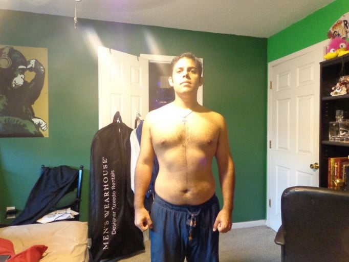 A photo of a 5'8" man showing a weight loss from 205 pounds to 165 pounds. A net loss of 40 pounds.