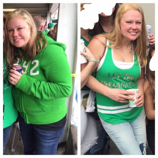 A progress pic of a 5'7" woman showing a fat loss from 211 pounds to 160 pounds. A respectable loss of 51 pounds.