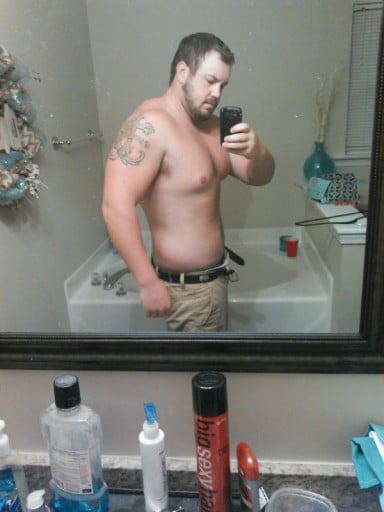 A photo of a 5'11" man showing a weight loss from 273 pounds to 238 pounds. A net loss of 35 pounds.