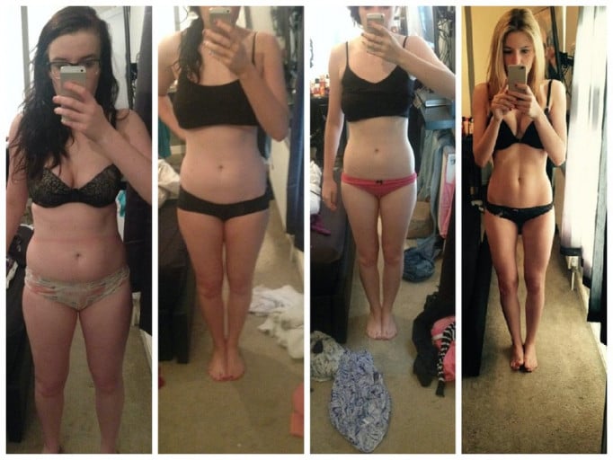 A photo of a 5'8" woman showing a weight cut from 160 pounds to 145 pounds. A net loss of 15 pounds.