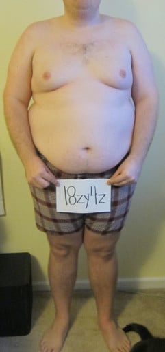 A before and after photo of a 5'9" male showing a snapshot of 285 pounds at a height of 5'9