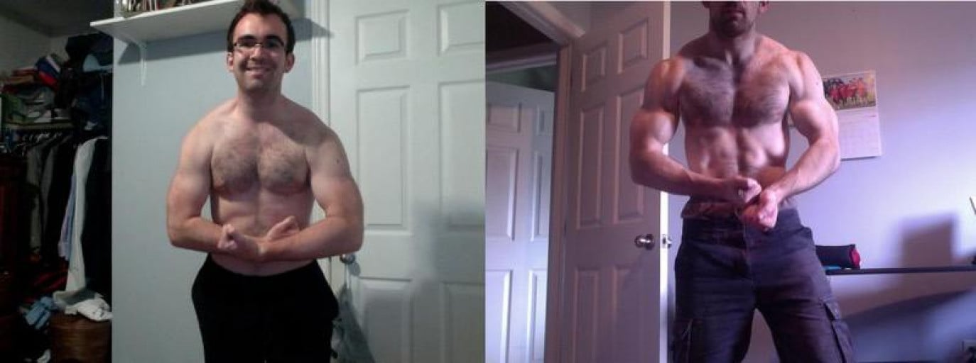 A photo of a 5'11" man showing a muscle gain from 175 pounds to 180 pounds. A net gain of 5 pounds.
